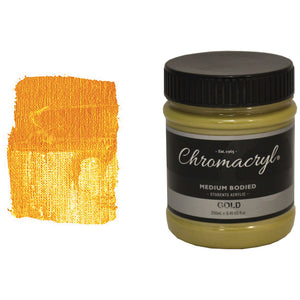 Chroma Chromacryl Student Acrylic Paint 250ml Jar Gold: jar beside a brushed swatch of orange-gold paint with a sheen