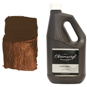 Chroma Chromacryl Burnt Umber acrylic paint 2 litre bottle with carry handle beside a painted swatch of a dark chocolate brown