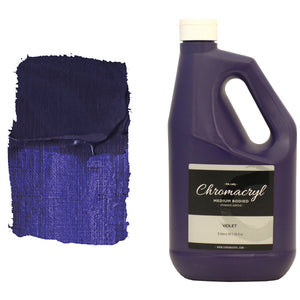 Chroma Chromacryl Violet acrylic paint 2 litre bottle with carry handle beside a painted swatch of a deep blue-violet
