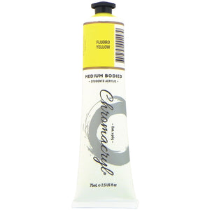 Chroma Chromacryl Student Acrylic Paint 75ml Tube Fluoro Yellow: upright tube with a bright lemon yellow label band printed Fluoro Yellow, Chromacryl script logo and 75mL e 2.5 US fl oz marking