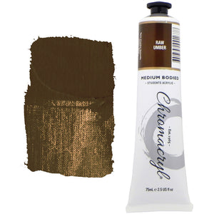 Chroma Chromacryl Student Acrylic Paint 75ml Tube Raw Umber: tube beside a painted swatch of a dark, cool olive brown with a khaki tone where scraped thin