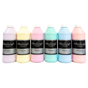 Chroma Chromacryl Pastel Saver Pack: six 1 litre bottles in pastel violet, yellow, pink, green, blue and orange with Chromacryl labels