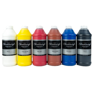 Chroma Chromacryl Primary Saver Pack: six 1 litre bottles in white, yellow, red, burnt sienna, blue and black with Chromacryl labels