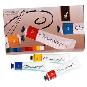 Chroma Chromacryl 10 x 75ml tube set: printed box reading Contains 10 75ml Tubes with colour strip, beside Warm Blue, Cool Yellow and Warm Red tubes