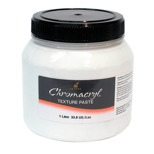 Chroma Chromacryl Texture Paste 1 Litre: wide white jar with black lid, orange-banded label printed 1 Litre 33.8 US.fl.oz with side directions