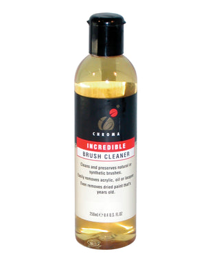 Chroma Incredible Brush Cleaner 250ml: clear bottle of amber liquid with black flip cap and black, red and cream label
