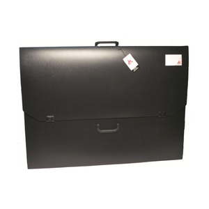 Colby Art A1 black polypropylene carry case with twin handles and clip fasteners, open to show interior capacity