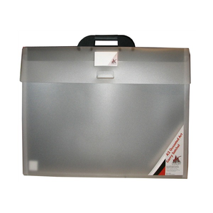 Colby Art A2 clear polypropylene carry satchel with padded handle and expandable gusset, front view showing business card window