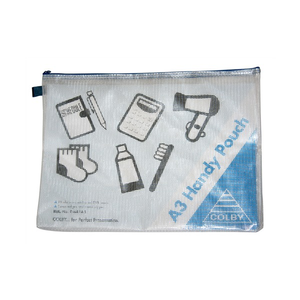 Colby C-641A3 Handy Pouch in A3 size with a blue zip and side finger loop, translucent mesh reinforced body printed with stationery and travel icons and a blue A3 Handy Pouch corner panel