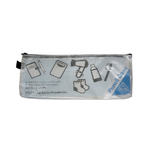Colby C-641PC Handy Pouch in pencil case size with a black zip and side finger loop, translucent mesh reinforced body printed with stationery and travel icons and a blue Pencil Case corner panel