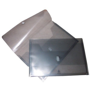 Colby 325F-SMOKE translucent grey foolscap Polywally wallet shown closed in front of another opened out to its long rounded flap with a hook and loop tab