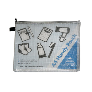 Colby C-641A4 Handy Pouch in A4 size with a black zip and side finger loop, translucent mesh reinforced body printed with stationery and travel icons and a blue A4 Handy Pouch corner panel