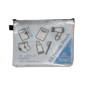 Colby C-641A5 Handy Pouch in A5 size with a black zip and side finger loop, translucent mesh reinforced body printed with stationery and travel icons and a blue A5 Handy Pouch corner panel