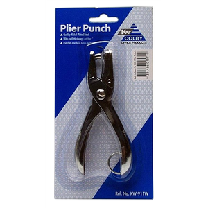 Colby KW-911W chrome plier punch in its blue Plier Punch retail card, showing the punch jaws, the confetti holder and the KW Colby logo