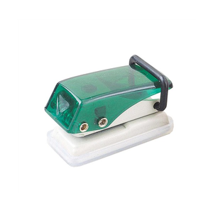 Colby KW Little Gem one hole punch with a translucent emerald green top, a black lever and a white plastic confetti base