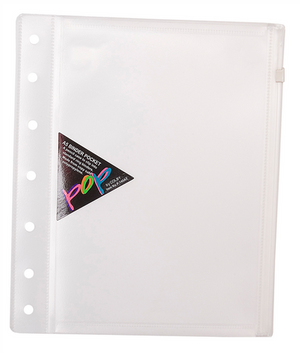 Colby POP P-140A5 A5 binder wallet in clear with a punched filing strip down the left edge, a zip along the right edge and a POP swing tag on the front