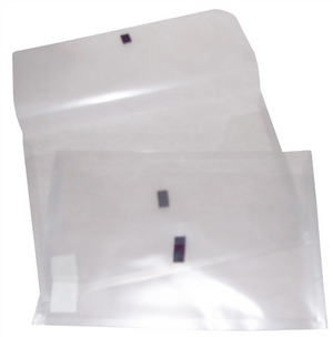 Two Colby POP P-327F clear foolscap polywally wallets, one open and one closed, each with a black hook and loop tab on the flap