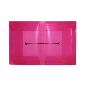 Colby POP P-337A A4 duo document wallet in translucent pink laid open flat, showing two inside pockets and a black elastic closure across the middle