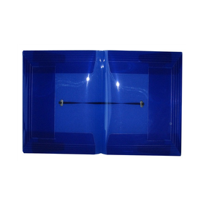 Colby POP P-337A A4 duo document wallet in a deep translucent violet blue shade, laid open flat to show two inside pockets and a black elastic closure across the middle