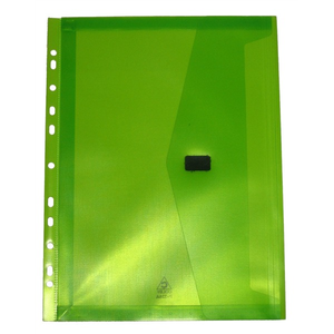 Pop P-326A-LIME A4 Polywally wallet in lime with punched filing strip down the left edge and hook and loop tab