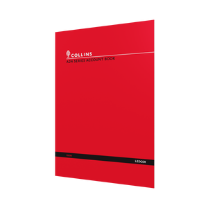 Collins 10230 A24 Series account book photographed at an angle, showing the red cover with the Collins logo at the top and a black band at the base