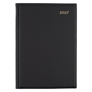 Front view of the Collins Belmont 2027 A5 Day to a Page Black Diary isolated on a white background. The classic black finish and premium construction present a professional planner suitable for offices, study spaces and everyday organisation.