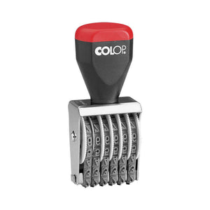 Colop 04006 hand numberer with a black handle and red cap above a chrome metal frame holding six rubber number bands