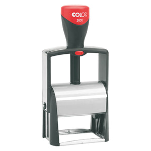 Colop 2600 self-inking stamp in a grey metal frame with a black handle and red top cap, shown upright on a white background