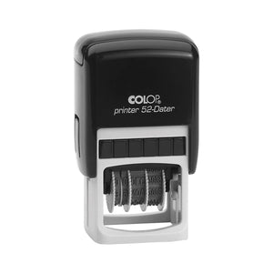 Colop 52D self-inking dater with a black top over a white lower housing and the date wheels visible, shown upright on a white background