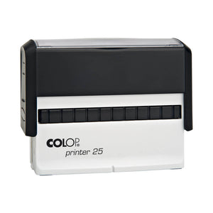 Colop P25 self-inking stamp with a long black top over a white lower housing and a black index window, shown upright on a white background