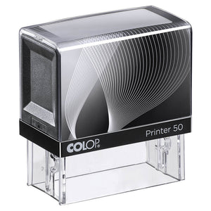 Colop P50 self-inking stamp in a black and clear plastic housing with a grey wave graphic and a white Colop label on the base, shown upright on a white background