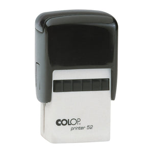 Colop P52 self-inking stamp with a black top over a white lower housing and a black index window, shown upright on a white background