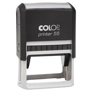 Colop P55 self-inking stamp with a black top over a white lower housing and a black index window, shown upright on a white background