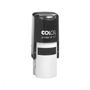Colop R17 self-inking stamp with a round black top cap over a white base, shown upright on a white background