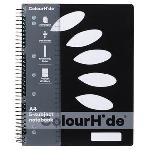 ColourHide A4 5 Subject Spiral Notebook in black with protective PP cover, front view