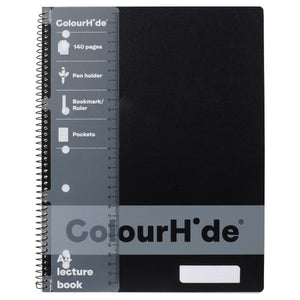 ColourHide black A4 lecture book with a clear ruler strip listing 140 pages, pen holder, bookmark ruler and pockets