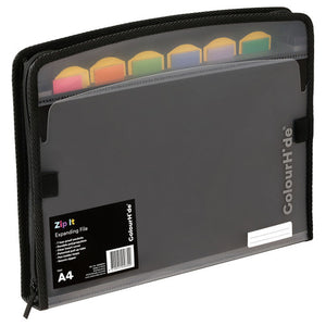 ColourHide ZipIt A4 expanding file in black showing zip closure and clear front insert cover