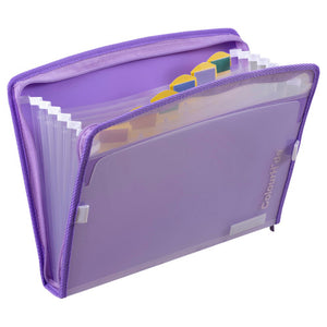 ColourHide ZipIt A4 Expanding File in lavender showing zipper closure and pull-up tabs