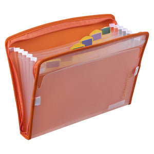 Tangerine ColourHide Zip It A4 expanding file at an angle with the zip open and clear pockets fanned out under coloured pull up tabs