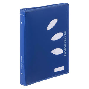 Classic blue ColourHide zipper binder standing at an angle with white petal cut-outs, a vertical ColourHide logo and a label panel
