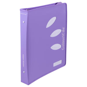 Lavender ColourHide zipper binder standing at an angle with white petal cut-outs, a vertical ColourHide logo and zipper binder on the spine