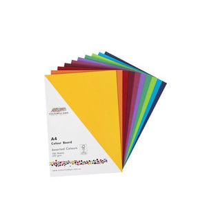 Colourful Days CLBASSA4 assorted colourboard pack with the white label reading A4 Colour Board, Assorted Colours, 100 Sheets, 200 gsm and coloured sheets fanned behind