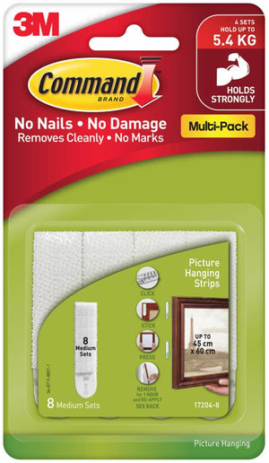 Command Medium Picture Hanging Strips 17204-8 multi-pack front, 8 medium sets of white strips, printed 4 sets hold up to 5.4kg and frames up to 45 x 60cm