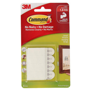 Command Small Picture Hanging Strips 17202 pack front with 4 sets of white strips, printed 4 sets hold up to 1.8kg and frames up to 20 x 25cm