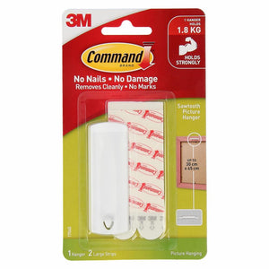 Command Sawtooth Picture Hanger 17040 pack front with one white hanger and two large strips, printed 1 hanger holds 1.8kg and frames up to 30 x 45cm
