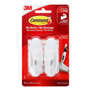 Command Medium Wire Hooks 17068 in their red retail pack, showing two white hooks with metal wire arms and the 1.3kg badge