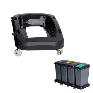 Black Compass castor base with an open centre frame, four grey castors and a side hook, with an inset of grey bins on bases