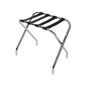 Compass compact luggage rack in chrome, open, with four black straps across curved chrome rails and crossed legs