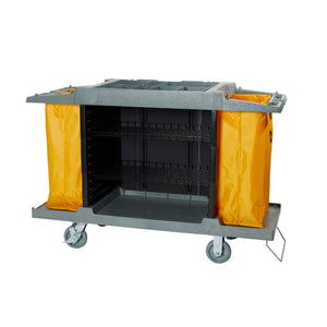 Compass 722430 compact open front housekeeping trolley: grey frame, empty black wire shelves in the middle and a yellow bag at each end, on grey castors