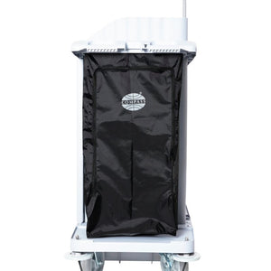 Compass 722472BB black nylon trolley bag with Compass logo, hanging from the end of a light coloured housekeeping trolley